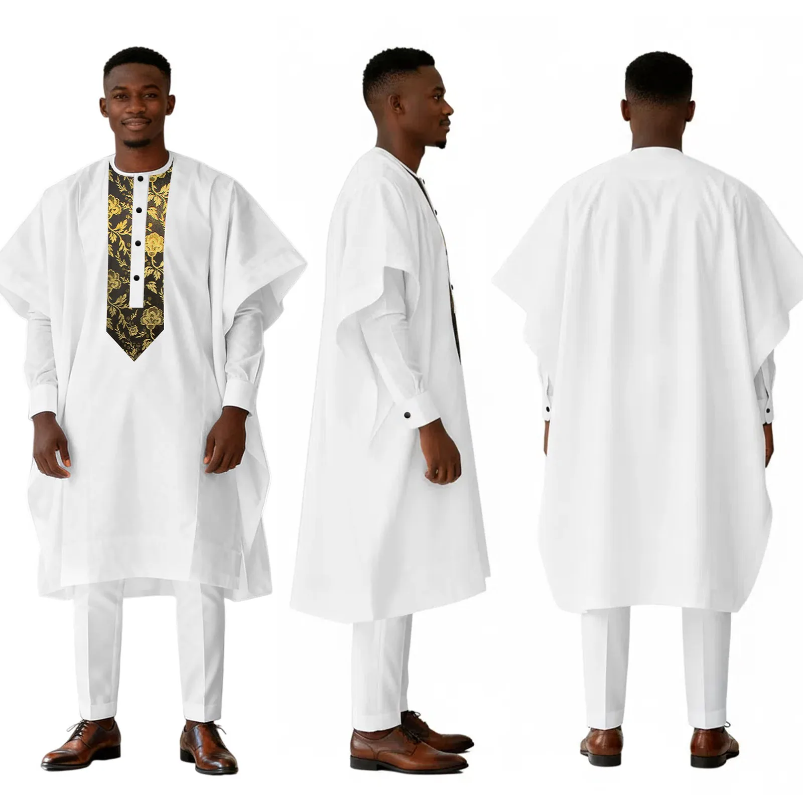 

DBQ Men's African Agbada Formal Suit 3 Pieces Patchwork Agbada Full Sleeve Shirt Slim Fit Pants Formal StyleBD1125