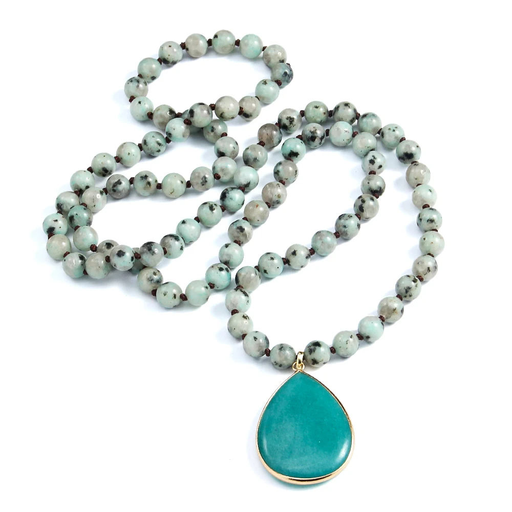 Fashion Bohemian Jewelry 8mm Stone Knotted Stone Drop Pendant Necklaces For Women Jewelry