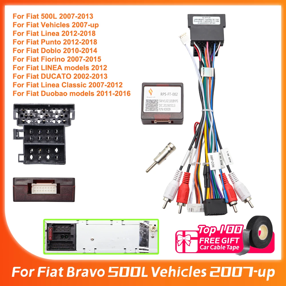 Décodeur Canbus RP5-FT-002 pour Fiat 500L 2007-2013, adaptateur de faisceau de câblage 16 broches, câble d'alimentation radio Android pour Fiat Bravo