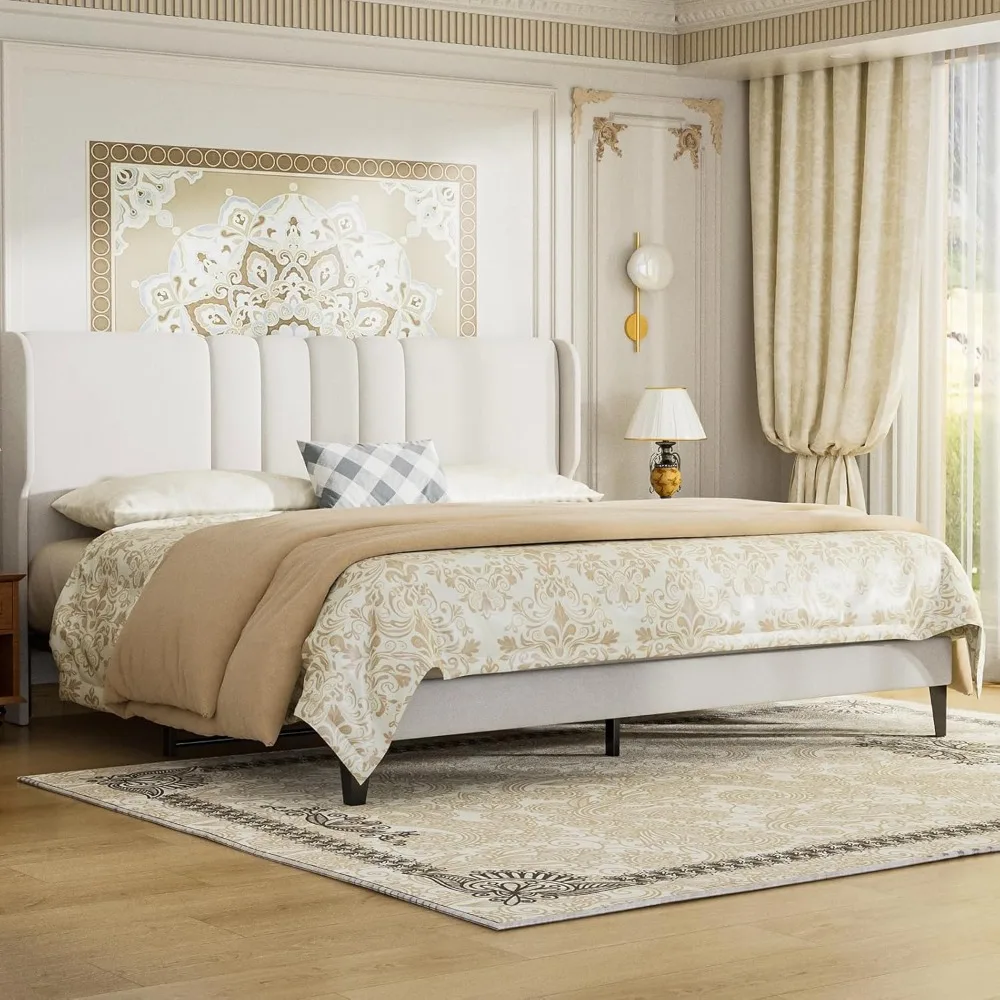 

Queen Size Bed Frame, Upholstered Platform Bed Frame with Tall Headboard Wingback, Soft Line Fabric, No Box Spring Need