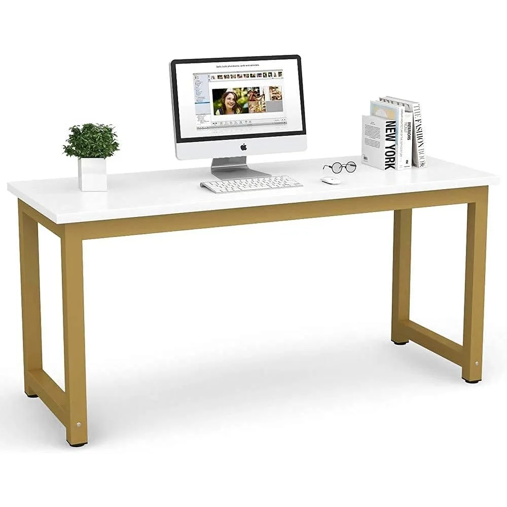 Tribesigns Computer Desk, 63 inch Large Office Desk, Study Writing Table for Home Office, Easy Assemble, White Gold