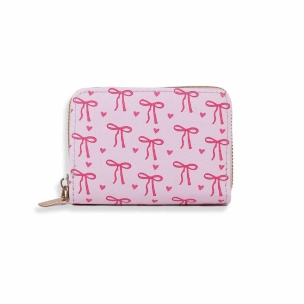 かわいいリボン付きカードホルダー PUレザー ジッパー付きミニコインパース 携帯用マルチスロットトラベルウォレット