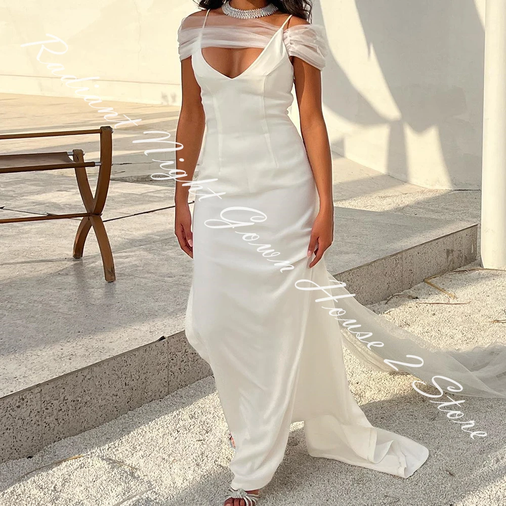 تخصيص جيرسي مستقيم قبالة الكتف أشرطة مساء اللباس الخامس الرقبة الطابق طول أكمام واتو قطار الأبيض الحديث