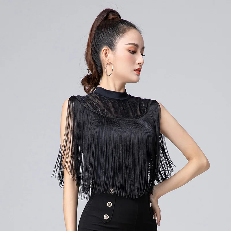 Women Latin Dance Performamnce Tops Tassel Fashion Sexy Lace Neck Fringe Design Latin Dancing Dress Cloth Tango Chacha Dancing