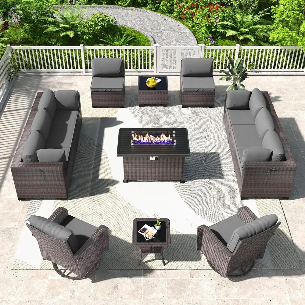

13PCS Outdoor Patio Furniture Set,PE Wicker Rattan Sectional Sofa Patio Conversation Sets with 43" 55000BTU Gas Propane Fire Pit