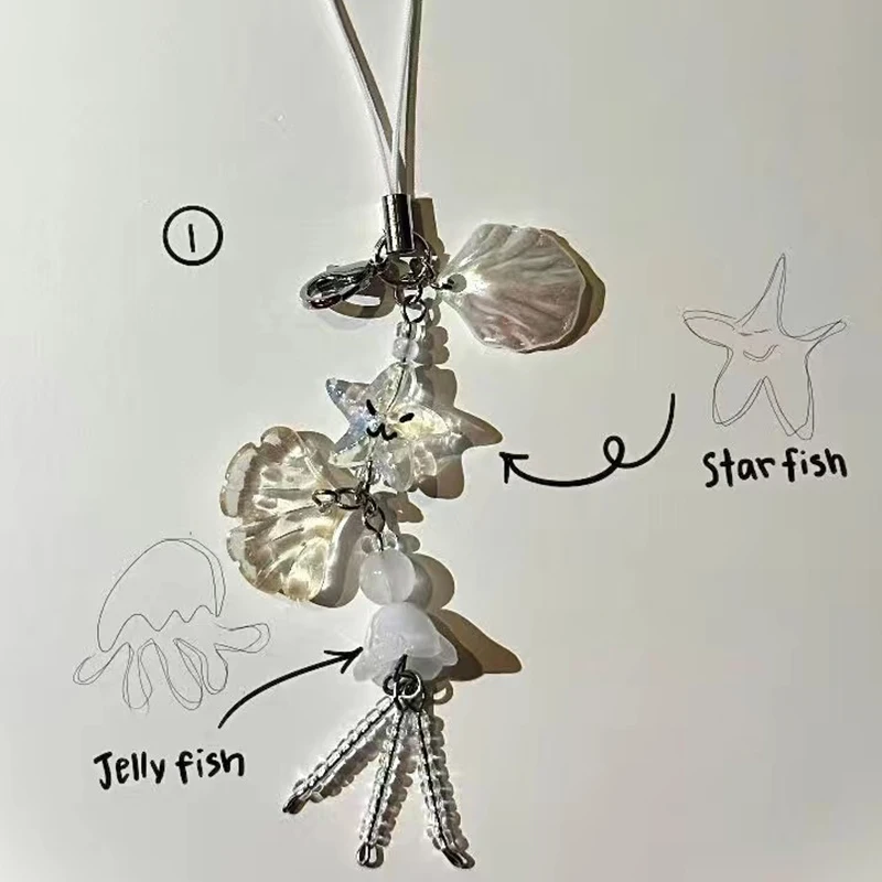 Cute Phone Charm Strap Summer Ocean Style Seashell Jelly Fish Pendant Key Strap Lanyard Girl Woman Bag Keychain Keycord