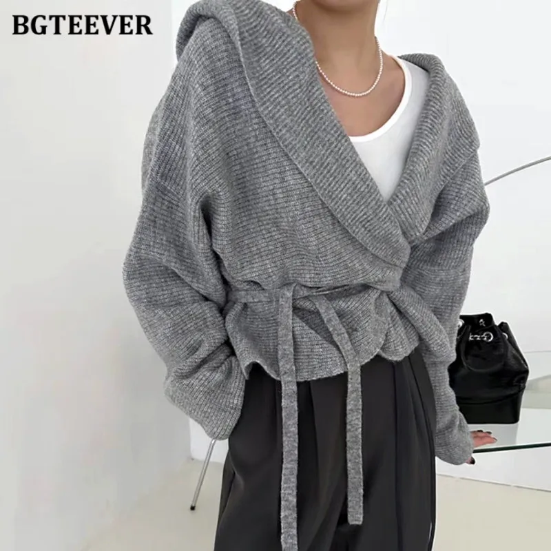 BGTEEVER Stylish Loose Women Knitted Cardigans Autumn Winter Long Sleeve Lace-up Female Open Stitch Sweaters