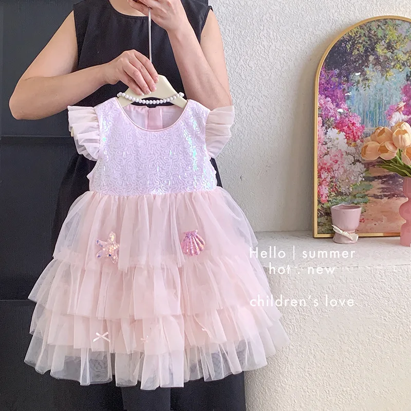 Girl's sequined mermaid princess chiffon dress summer outfit new baby girl sweet little fly sleeve dress cake skirt