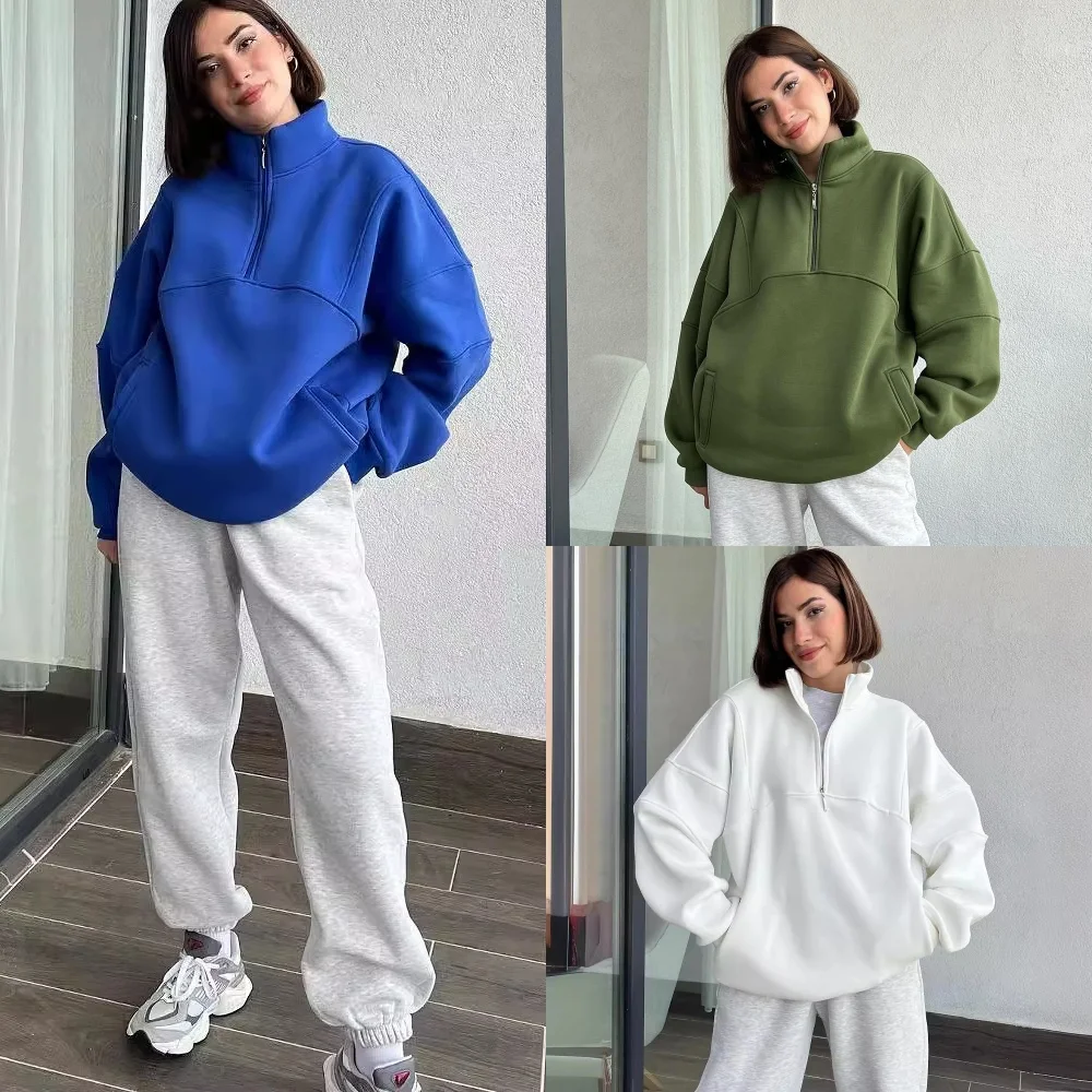 

Stand Collar Casual Sweatshirts Half Zip Women Cropped Pullover Thumb Hole Overzised Hoodie Solid Color Plus Size Sports Outfit