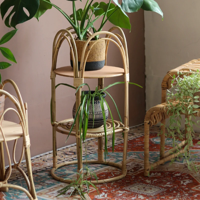 حامل زهور منسوج من الروطان الطبيعي، أوعية هبوط شمالية للنباتات، رف متعدد الطبقات للنباتات، ديكور رف الشرفة