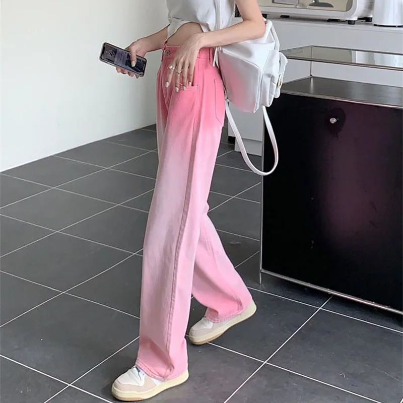 Celana Jeans Gradien Pinggang Tinggi Wanita Musim Semi Musim Panas Celana Pantalon Denim Lurus Wanita Korea Celana Koboi Kaki Lebar Wanita 2025