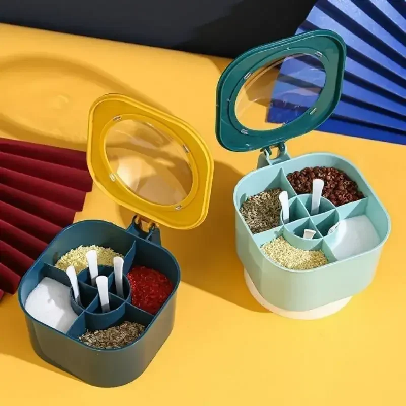 Plastic Seasoning Box with Spoons Spice Jar Multi Compartment Herb Spice Jars Pots Kitchen Condiment Storage Container