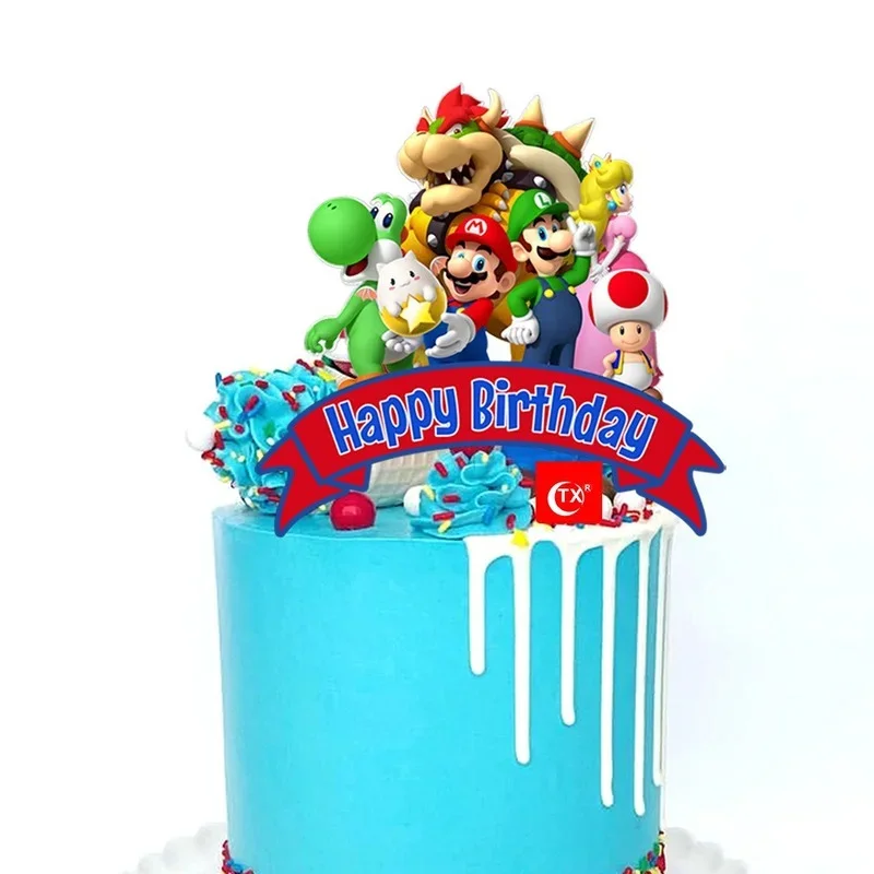 Super Mario Action Toy Figure Mario Bros Luigi Yoshi Bowser Cupcake Cake Insert for Kids Birthday Party Cake Decoration Supplies