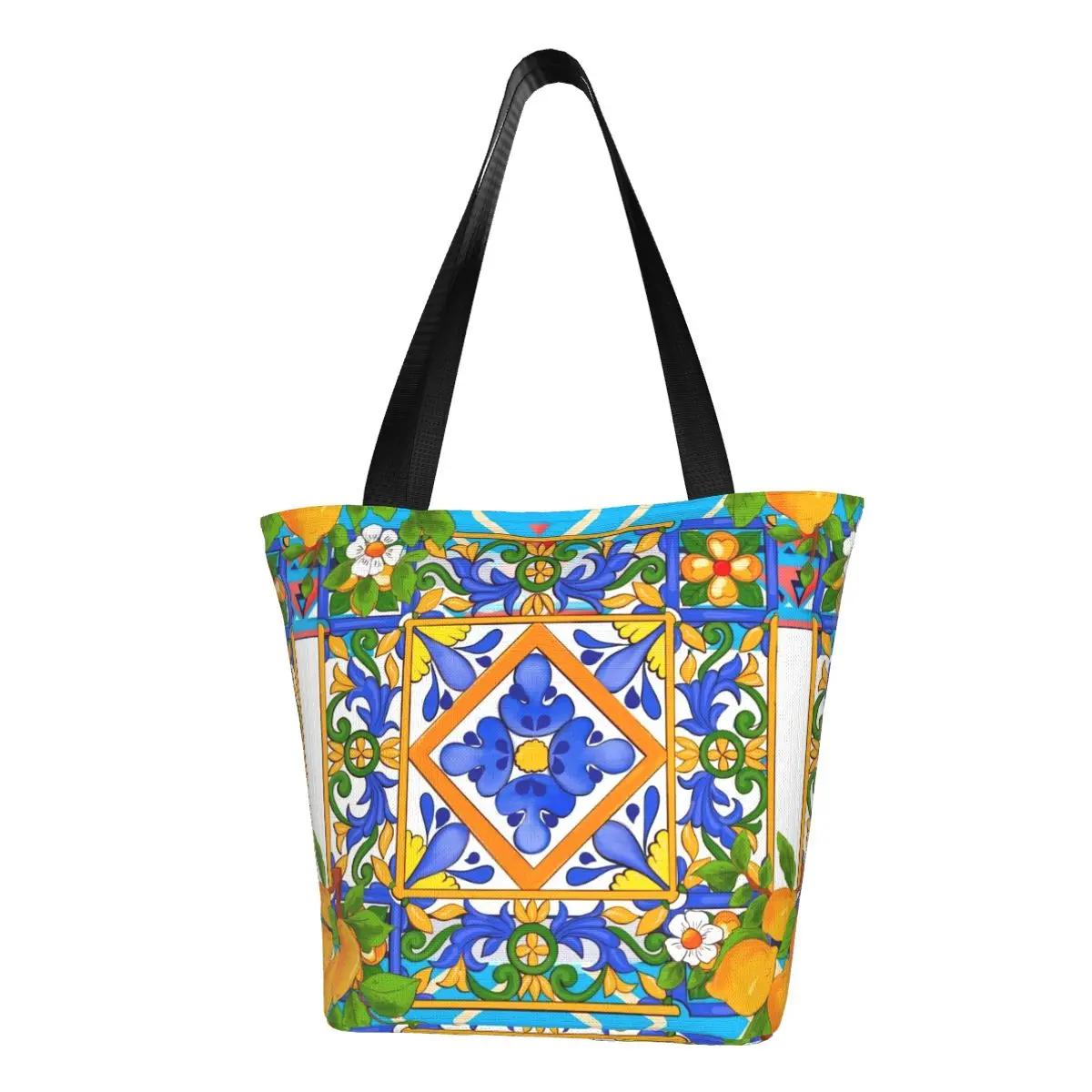 Custom Printing Mediterranean Summer Citrus Lemons Sicilian Tiles Tote Shopping Bags Reusable Canvas Shopper Shoulder Handbag