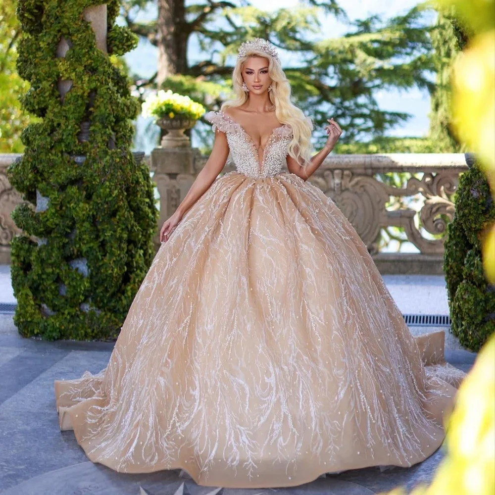 Vestido de novia ilusión vestido de novia escote corazón fuera del hombro vestidos de novia lentejuelas perlas barrido tren vestidos por encargo