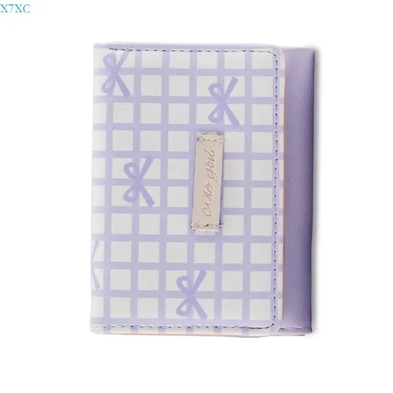 X7XC Stylish Short Purse Striped Texture PU Leather Bows Detail Compact Cash Pocket