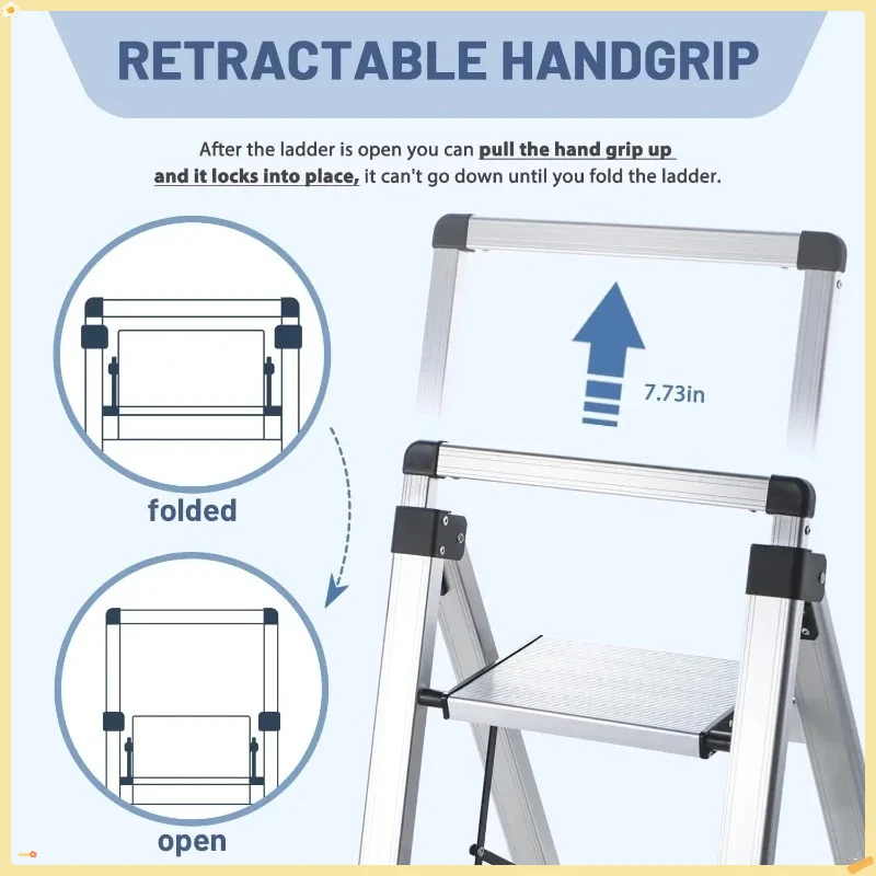 سلم ألومنيوم 4 خطوات - مقبض يد قابل للسحب، دواسة واسعة مضادة للانزلاق - 330 رطل، للاستخدام المنزلي