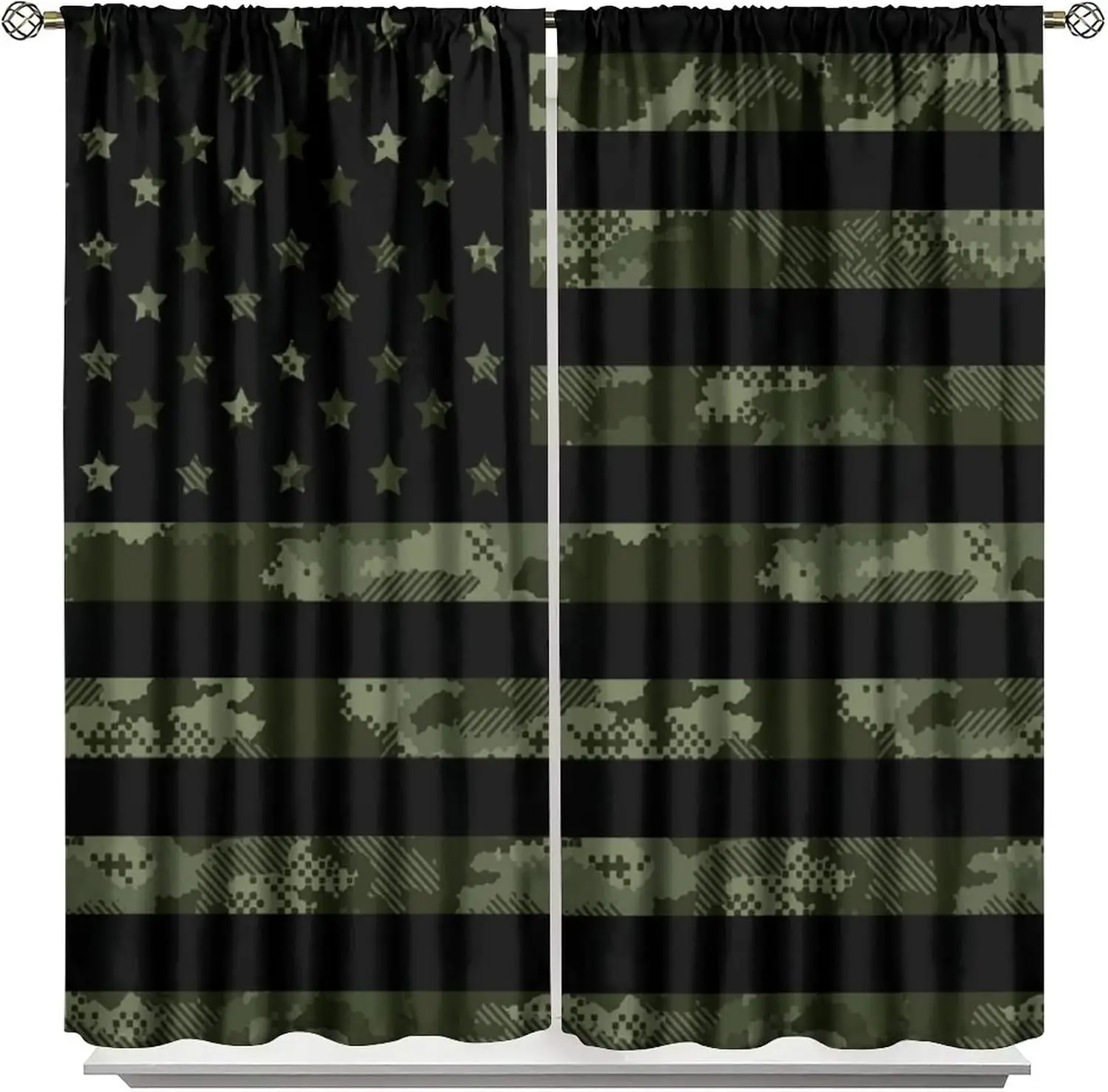 Flag Blackout Curtains,Rustic Green Camo Military Pattern USA Flag,Vintage Black Striped Star Flag Thermal Insulation Window