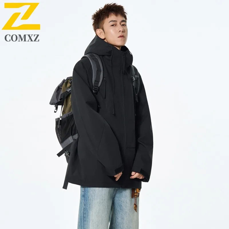 COMXZ Men Jacket Classic Hood Outdoor Adventure Multifunctional Coat Fashion Solid Color Street Style Lightweight Autumn Garment