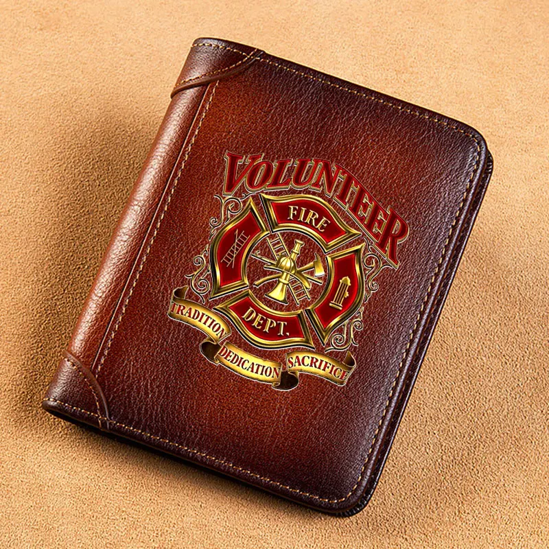 High Quality Genuine Leather Wallet Fire Dept. Volunteer Badge Printing Card Holder Male Short Purses BK508