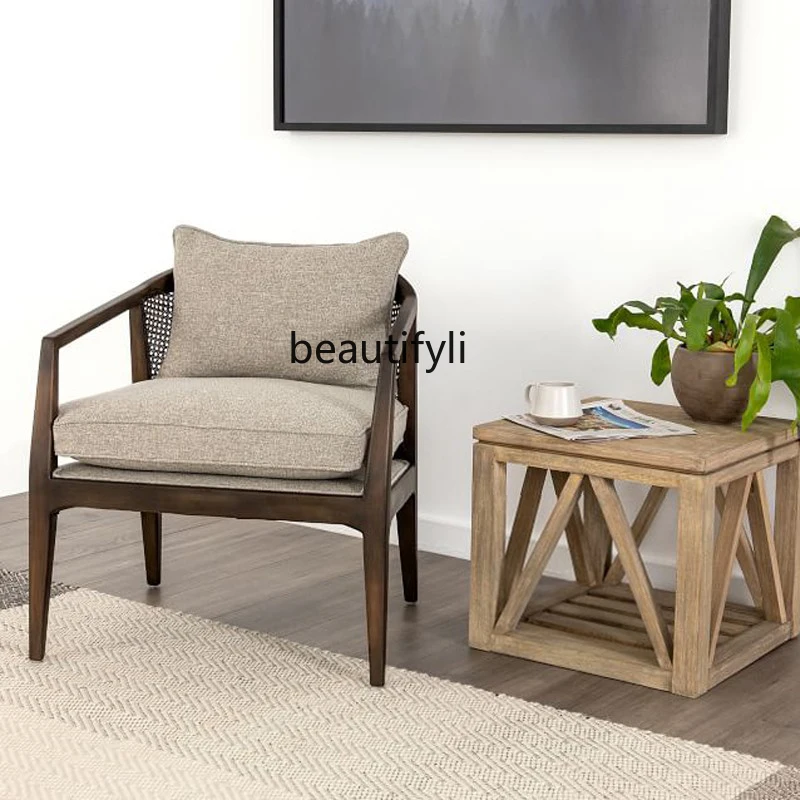 Nordic Single Sofa Rattan Chair Solid Wood Leisure Modern Chinese Walnut Wood Color Zen Negotiation Chair