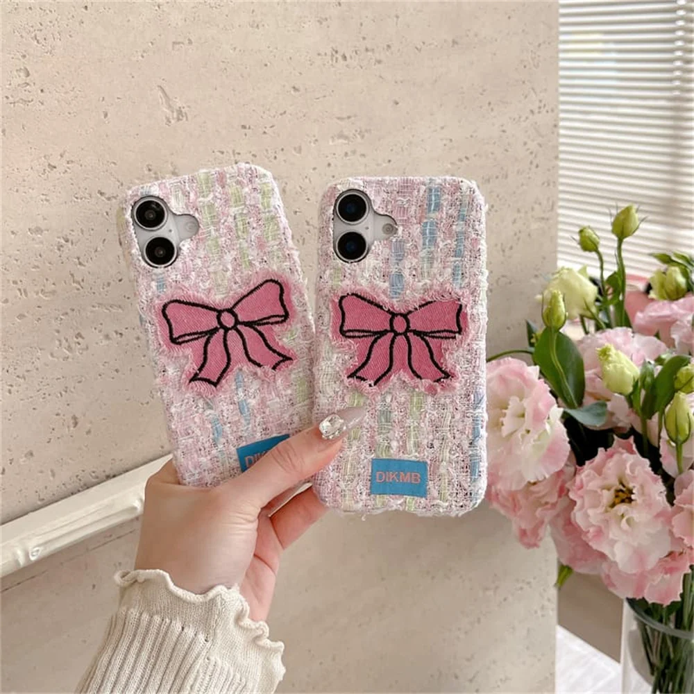Korean Embroidery butterfly Cute 3D Cartoon Cat Plush Phone Case for iPhone 18 17 Pro Max 15 16 17 18 Pro Cover Shockproof Cove