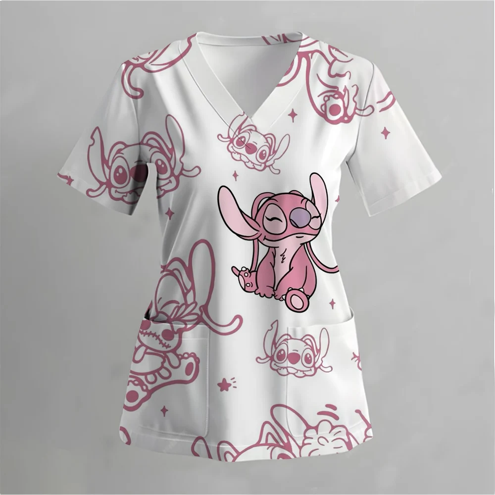 Disney Stitch Christmas Nurse Uniform Matte Women's Cartoon Deer Print Short Sleeve Pocket Work Uniform Medical Uniform