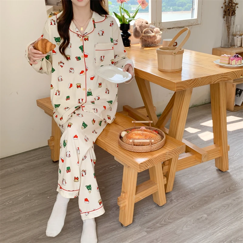 Christmas HelloKitty pajamas cotton long-sleeved trousers two-piece set cartoon Christmas tree loungewear Sanrio women\'s pajamas