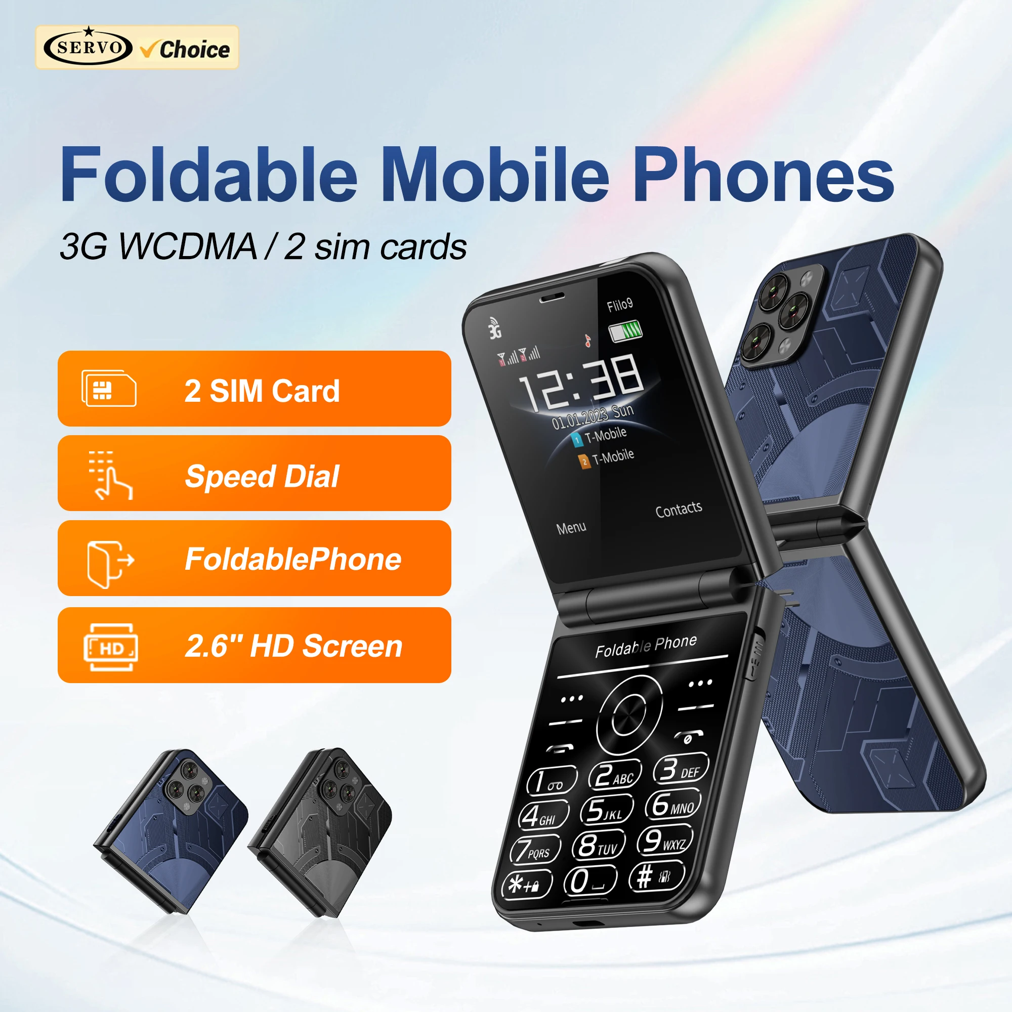 SERVO Flilo9 Fold Mobile Phone 3G/2G Speed Dial Call Recording Blacklist Flashlight FM Radio Dual SIM Foldable Button Cellphones