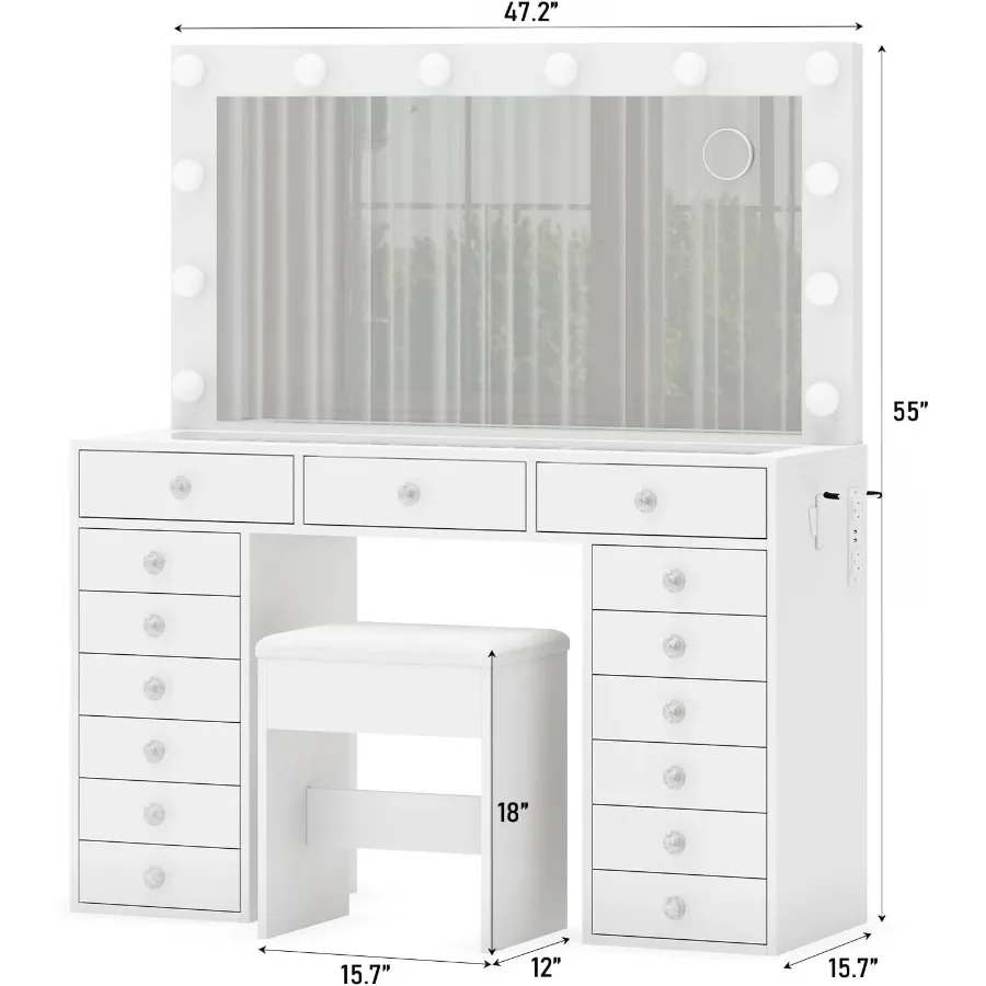 15 Drawers Makeup Vanity with Charging Station, Vanity Desk with 12 LED Bulbs and HD Mirror, 3 Color Brightness Adjustable, Van