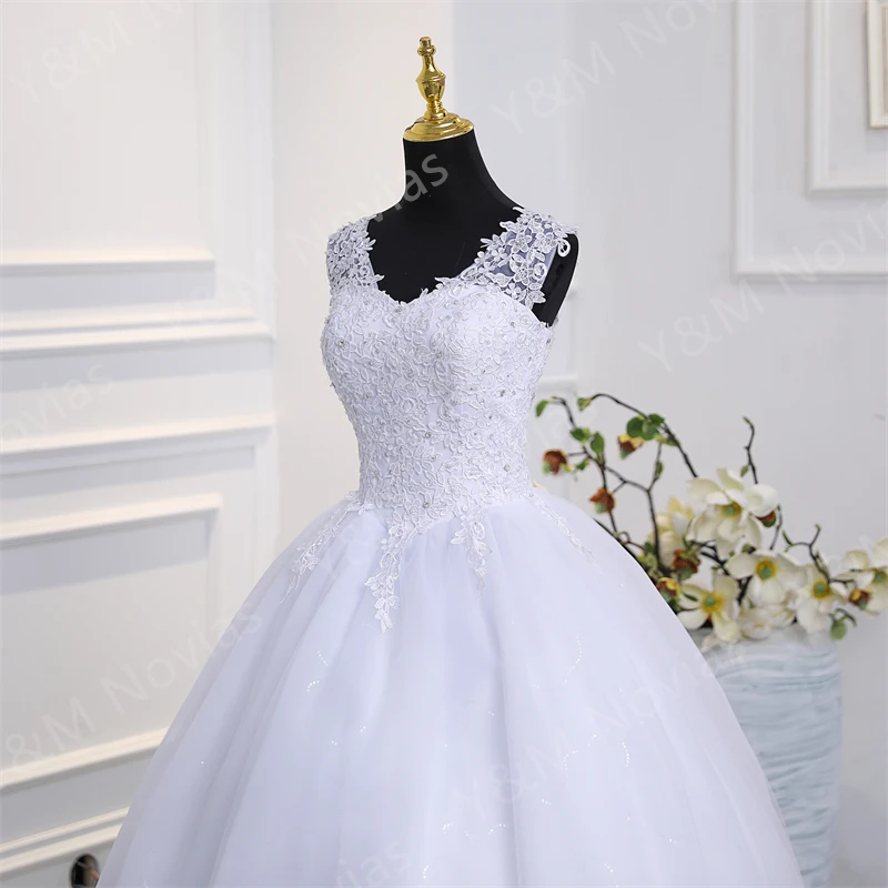 Y&M Novias Crystal Bead V neck Beautiful Lace Appliques Wedding Gown Embroidery Ivory Wedding Dress A line Customized Plus Size