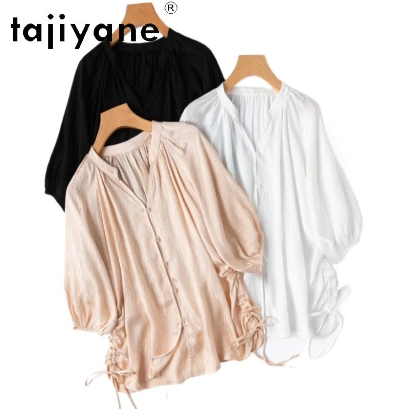 

TAJIYANE 100% Real Mulberry Silk Shirt Women Lantern Sleeve V-neck Blouse Real Silk Spring Tops for Woman Clothes 2026 Рубашка