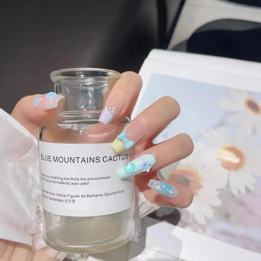 Artesanal rosa azul estrelas wearable unhas verão macaron francês arte do prego doce bonito sonhador arco blush unhas falsas para menina e senhora