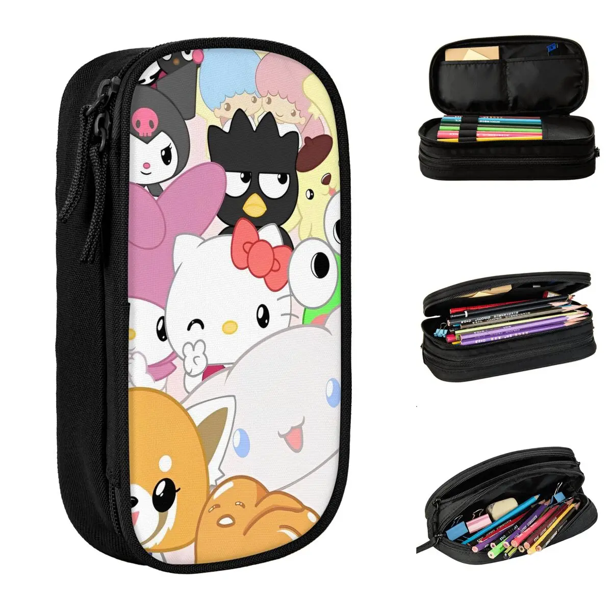 Large Capacity Pencil Case Sanrio Hello Kitty & Friends School Cinnamoroll Kuromi Double Layer Pencil Bag Girl Makeup Bags