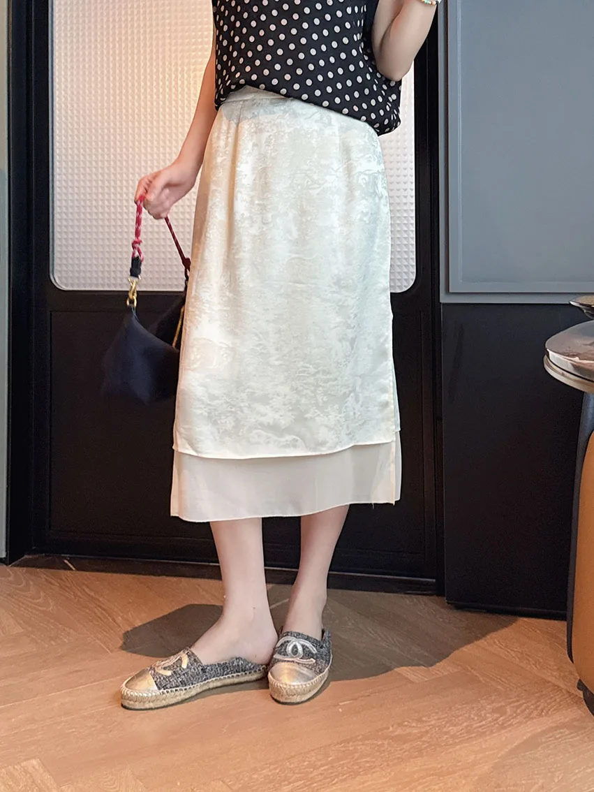 

New Chinese Sle High Waist Silk Embroidered Satin f Skirt Double Slit Asymmetrical Hemline Women's Summer Evening Gown