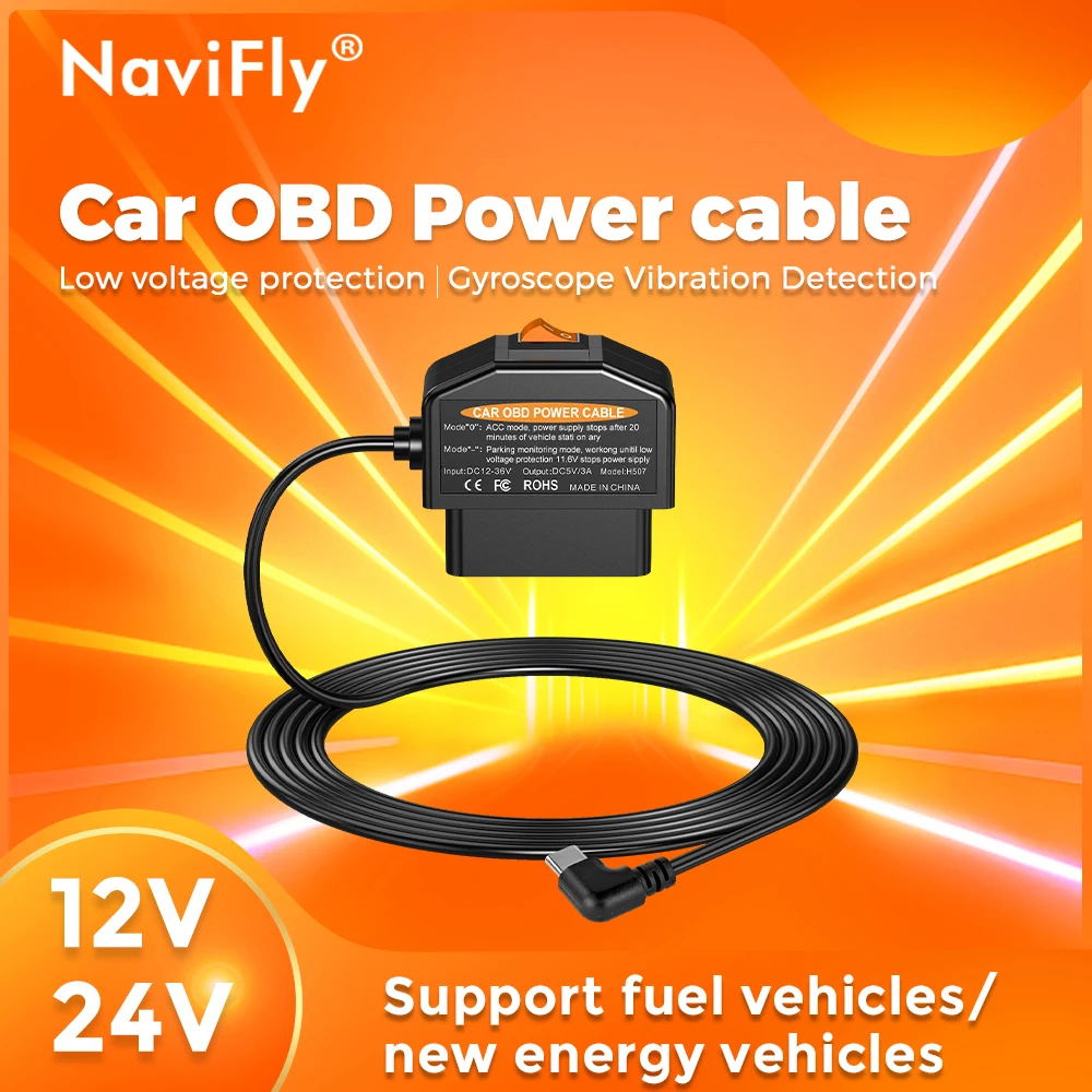 NaviFly Car OBD Power cable Low voltage protection Wire length 35MM 24Hours With Switch For Dash Cam Camcorder Vehicle DVR