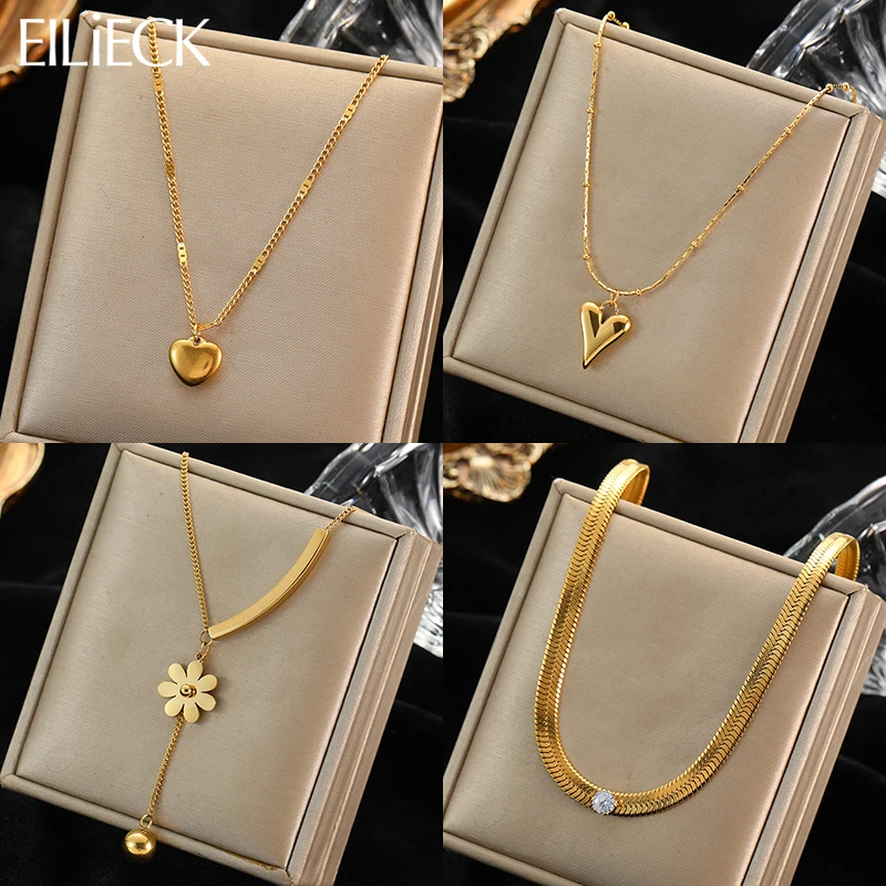 EILIECK 316L Stainless Steel Gold Color Heart Pendant Necklace For Women Trend Fashion Neck Jewelry Accessories Girls Party Gift