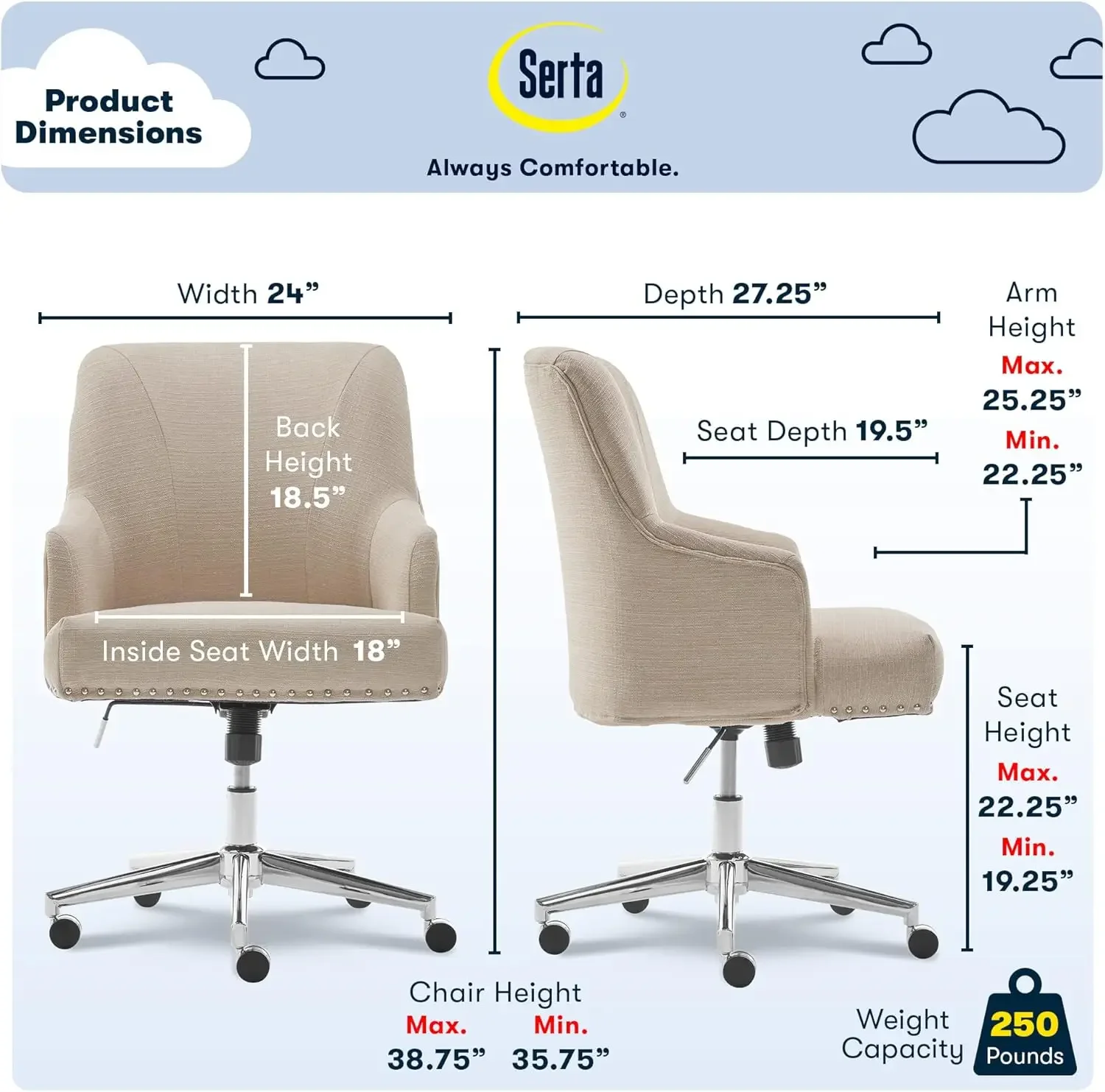 Office Memory Foam, Height-Adjustable Desk Accent Chair with Chrome-Finished Stainless-Steel Base, Stoneware Beige