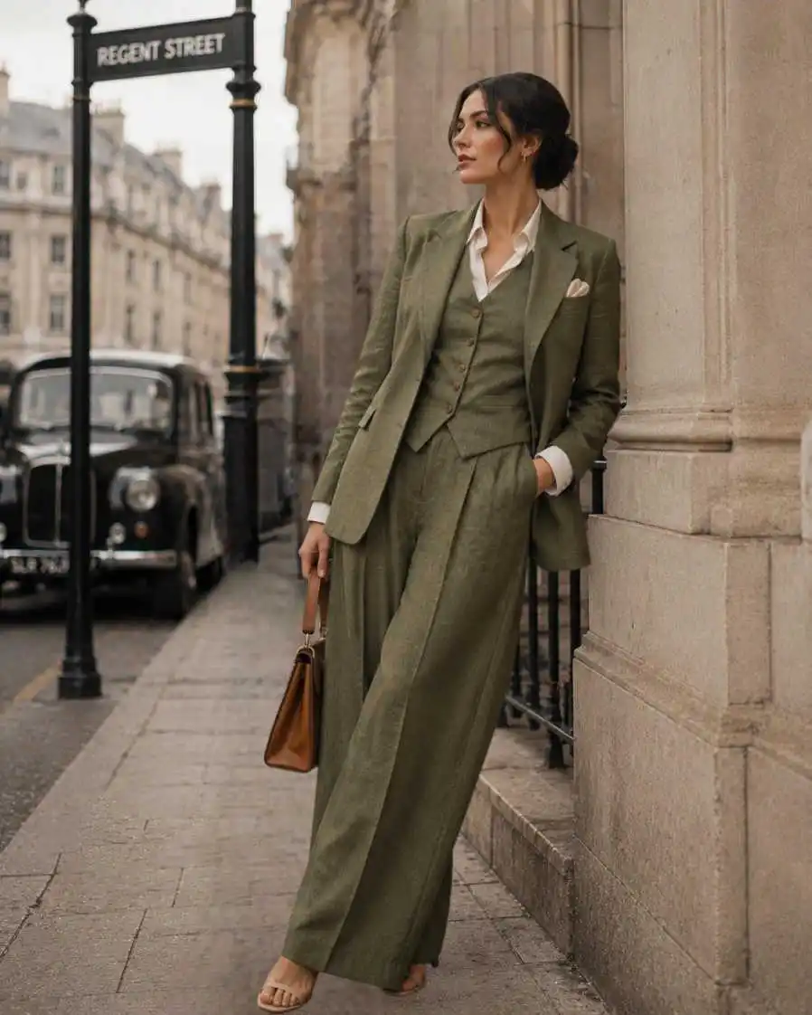 Vintage Linen Blend 3 Piece Women's Suit Notched Lapel Wide Leg Trousers Formal Business Office Outfit Custom Made M263877