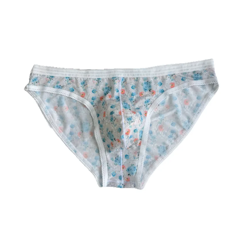 Underwear Men Floral Printed Thin Lace Panties Summer Sweet U Convex Pouch Lingerie Low Waist Underpants Bikini Slip Homme