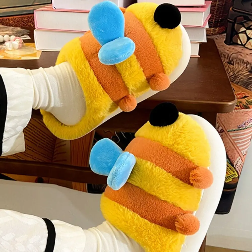 Casual Soft Cartoon Plush Slippers Bee Puppy Winter Fluffy Slides Non-Slip Warm Home Slippers Shoes Women