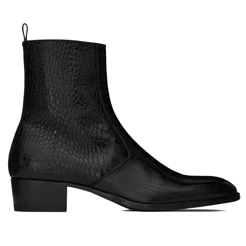 Newest Men's Noble Luxury Dress Shoes Black Snakeskin Chunky Heels Ankle Boots Outdoor Shoes