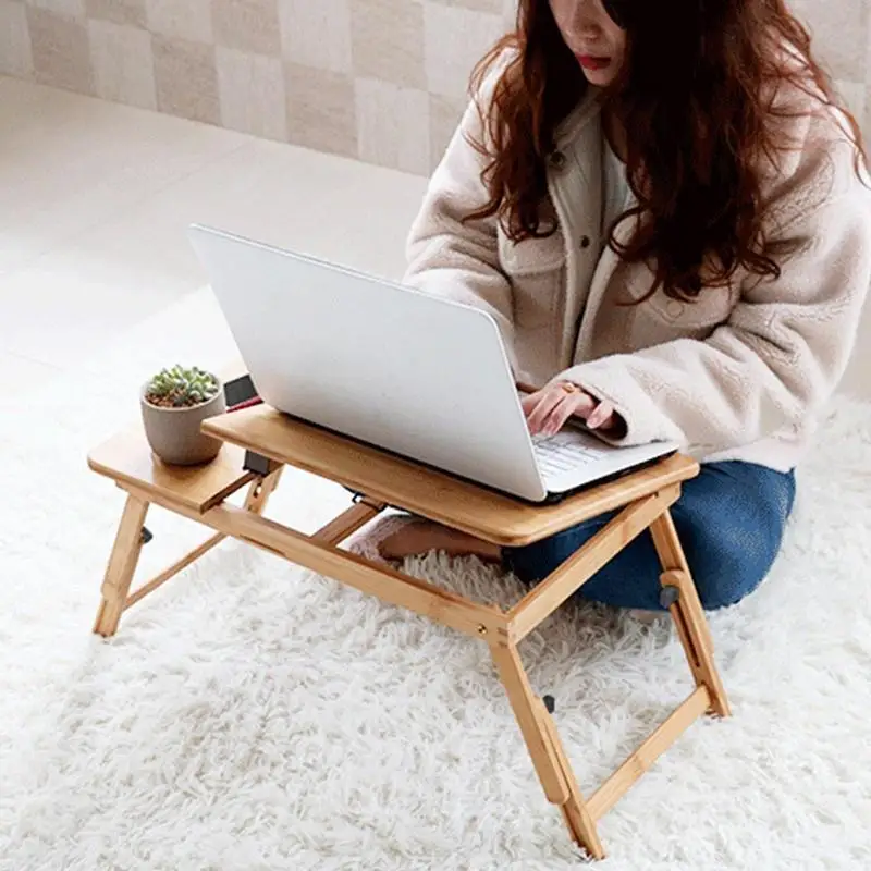 Imagem -02 - Ângulos Ajustáveis Bed Laptop Table com Ventilador Mesa de Bambu Gaveta Dobrável para Casa