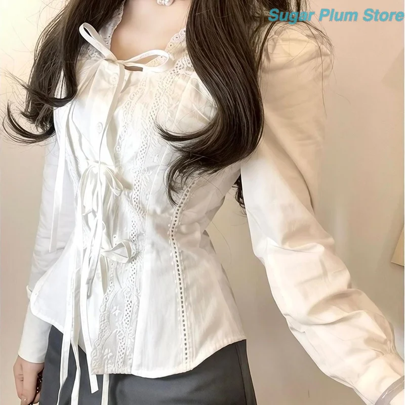Soft Sister Wind Girl Autumn New Loose Shirt Bow Tie Openwork Lace Soft Breathable Gentle Commuter Dating Fashion Trend Top.