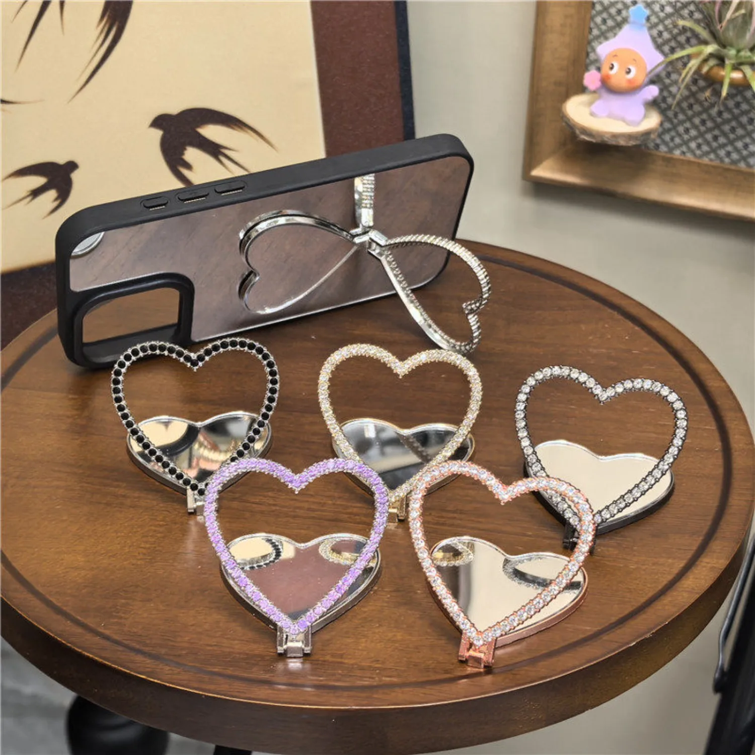 

Sparkling Rhinestone Phone Heart Ring Holder Korean Mirror Stand For iPhone 16 14 Pro Max Cute Aesthetic Foldable Grip Bracket