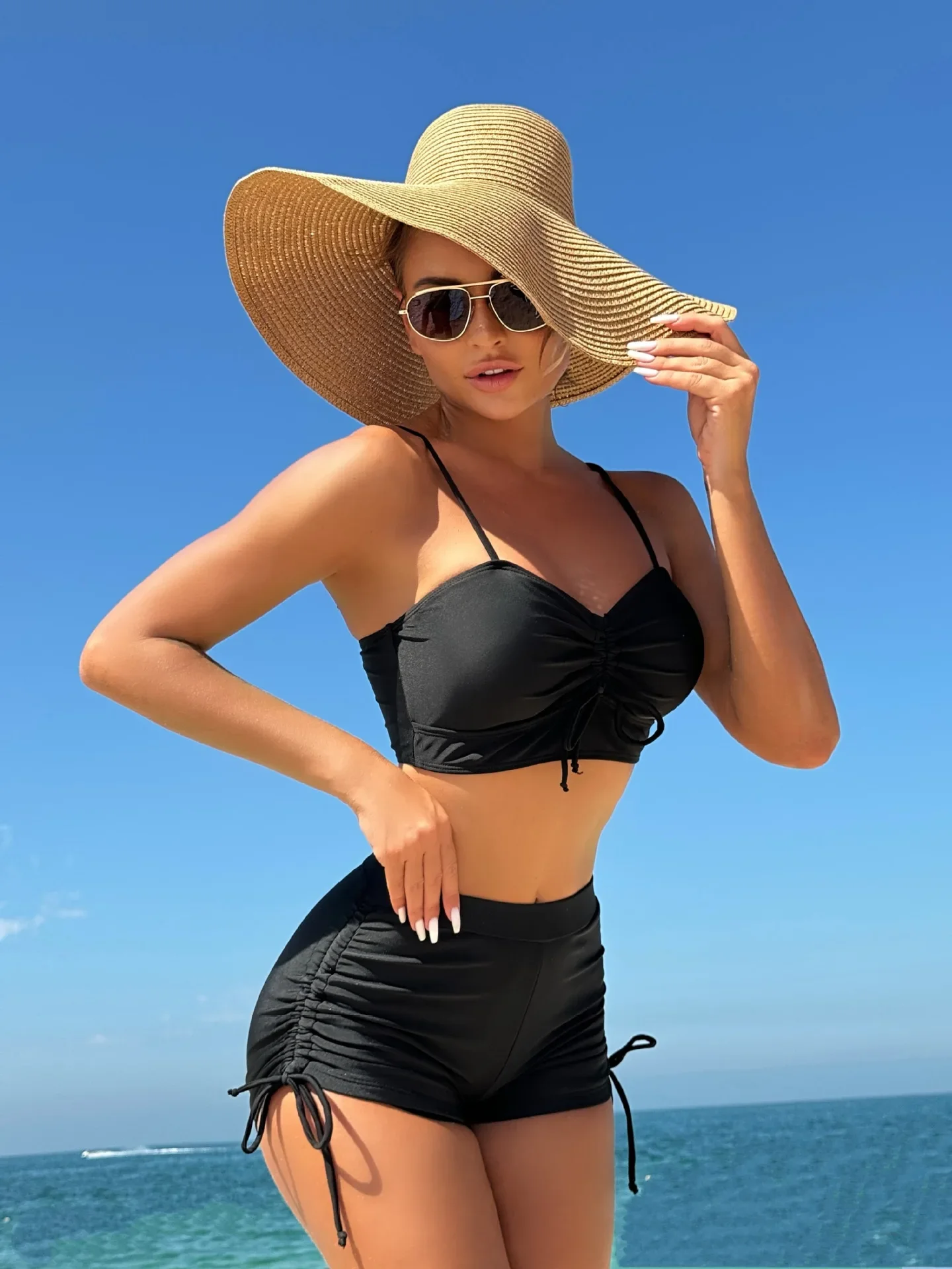 2025 Neues Bikini-Set, einfarbig, hohe Taille, 2-teiliger Badeanzug, Tankini, Kordelzug, Schnürung, Hosenträger, rückenfrei, Badeanzug, Strandmode