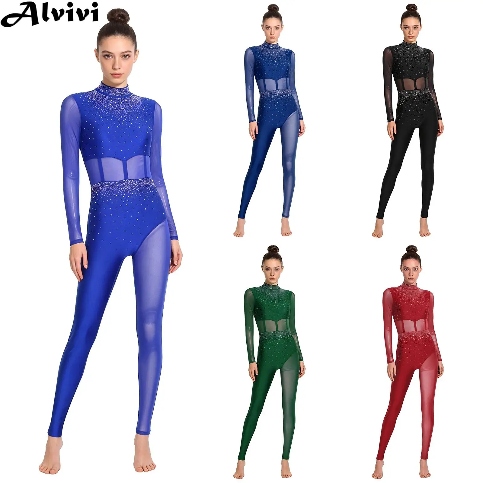 Women Figure Skating Gymnastics Acrobatics Ballet Dance Jumpsuit Long Sleeve Shiny Rhinestone Sheer Mesh Unitard Leotard Dance
