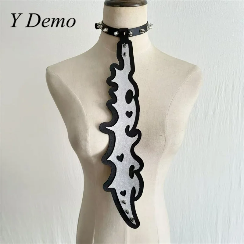 Y Demo Cyber Knife Pu Leather Irregular Pattern Neck Tie Women techwear Rivets Choker Tie