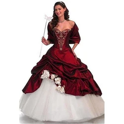 Wine Red And White Princess Wedding Dresses Customized Lace-Up Corset Ruched Floor Length Cinderella Masquerade Dress