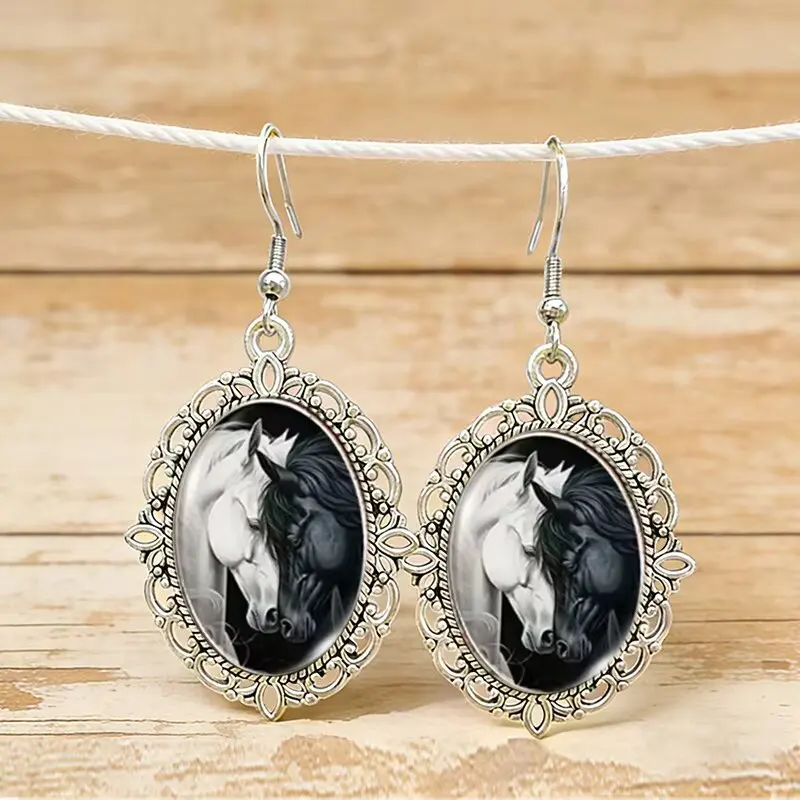 Gothic Black White Horse Pattern Drop Earrings for Women Antique Silver Color Frame Hook Earrings Animal Jewelry Gifts